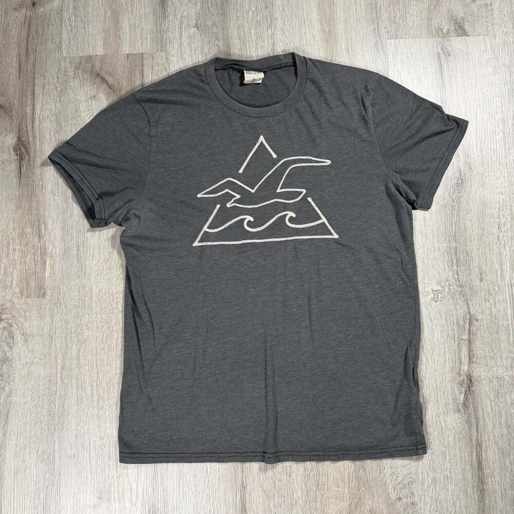 Mens Hollister Charcoal Grey Geometric Seagull Wave Logo T-Shirt Medium Y2K